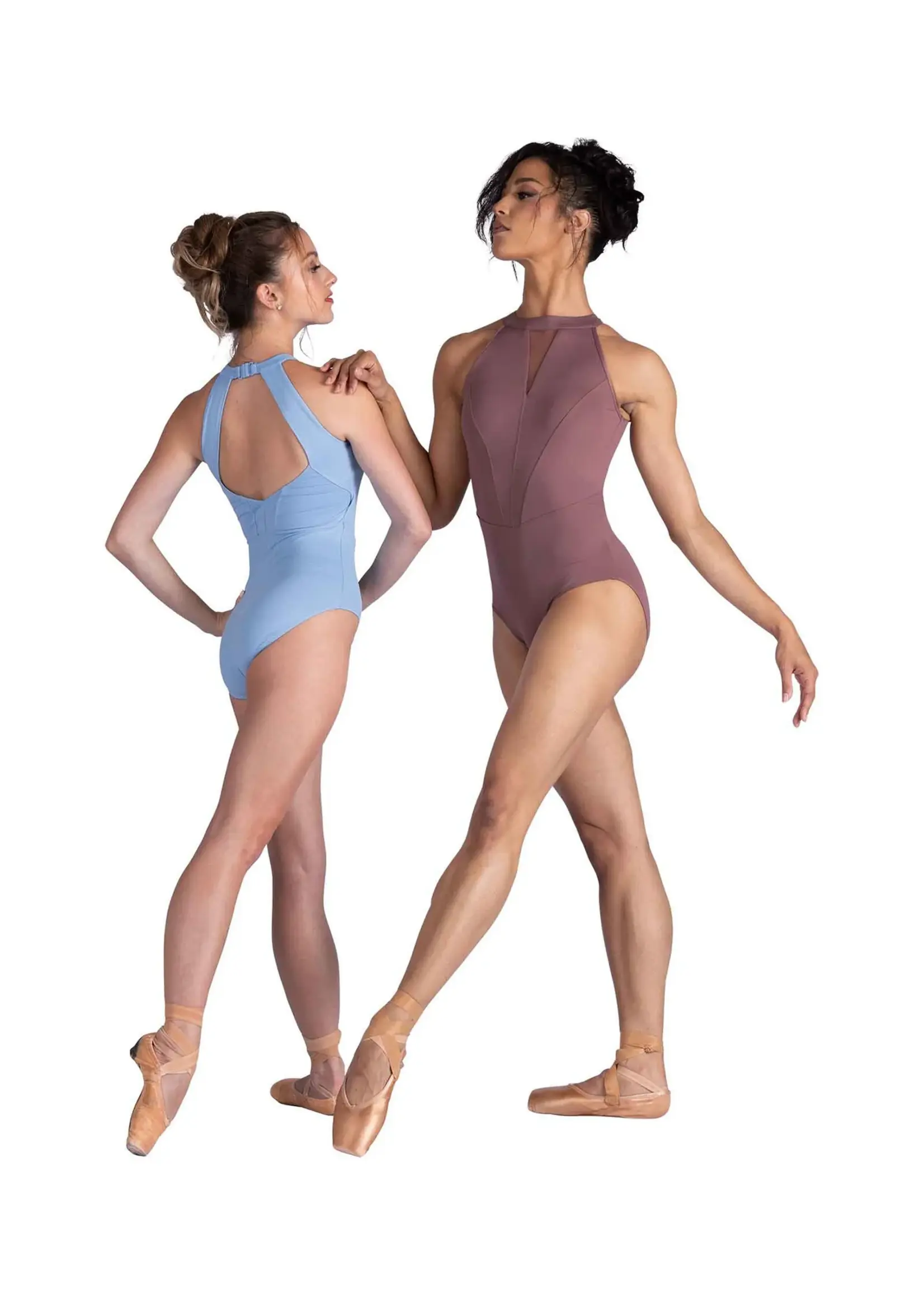 DANSHUZ 26108 ROSANDA V MESH INSERT HIGH NECK HALTER LEOTARD WITH CORSET SEAMING