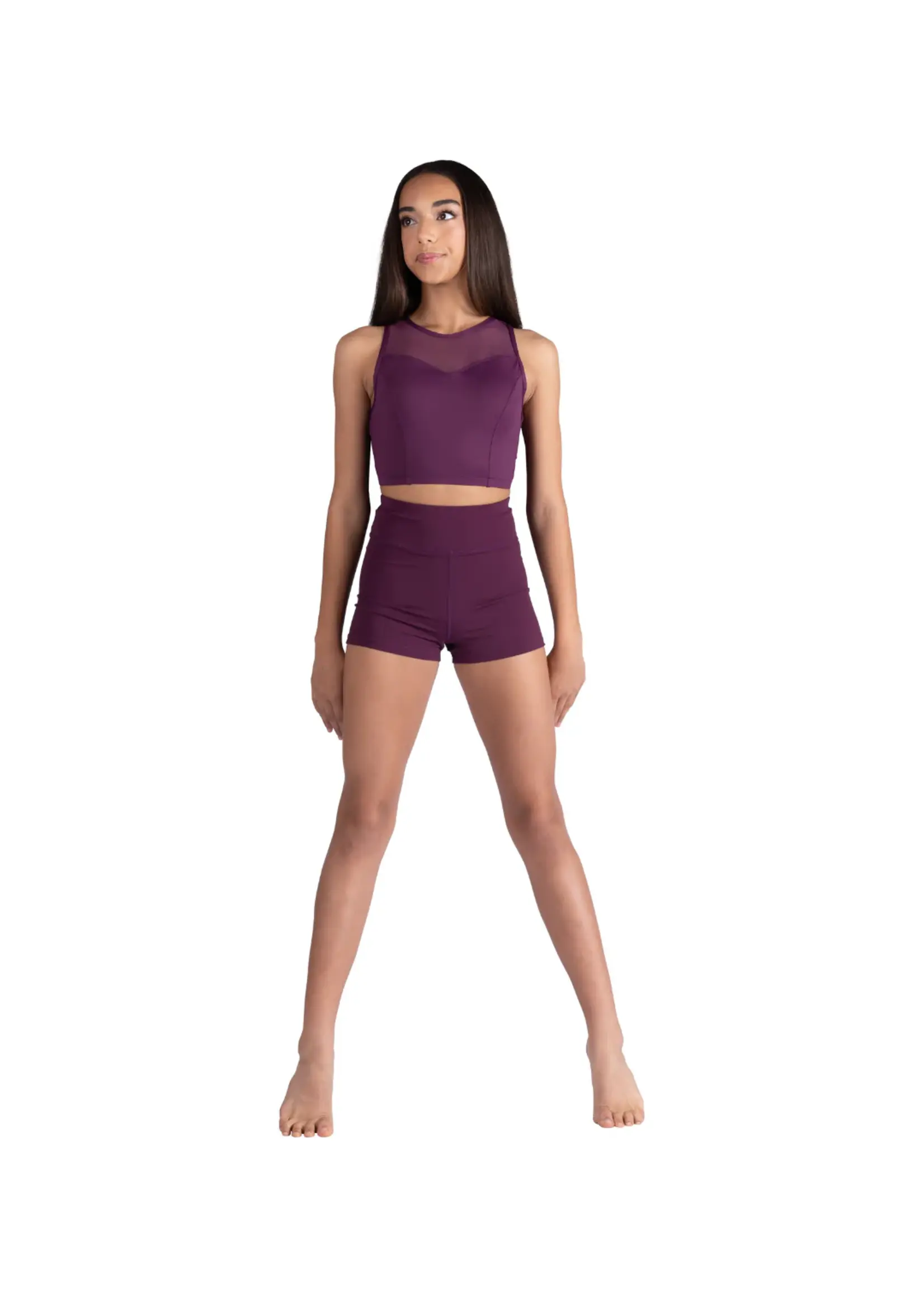 DANSHUZ 26310 EVALINE CROPPED TOP WITH MESH SWEETHEAR NECK, PRINCESS SEAMS AND CLOVER TWIST MESH BACK