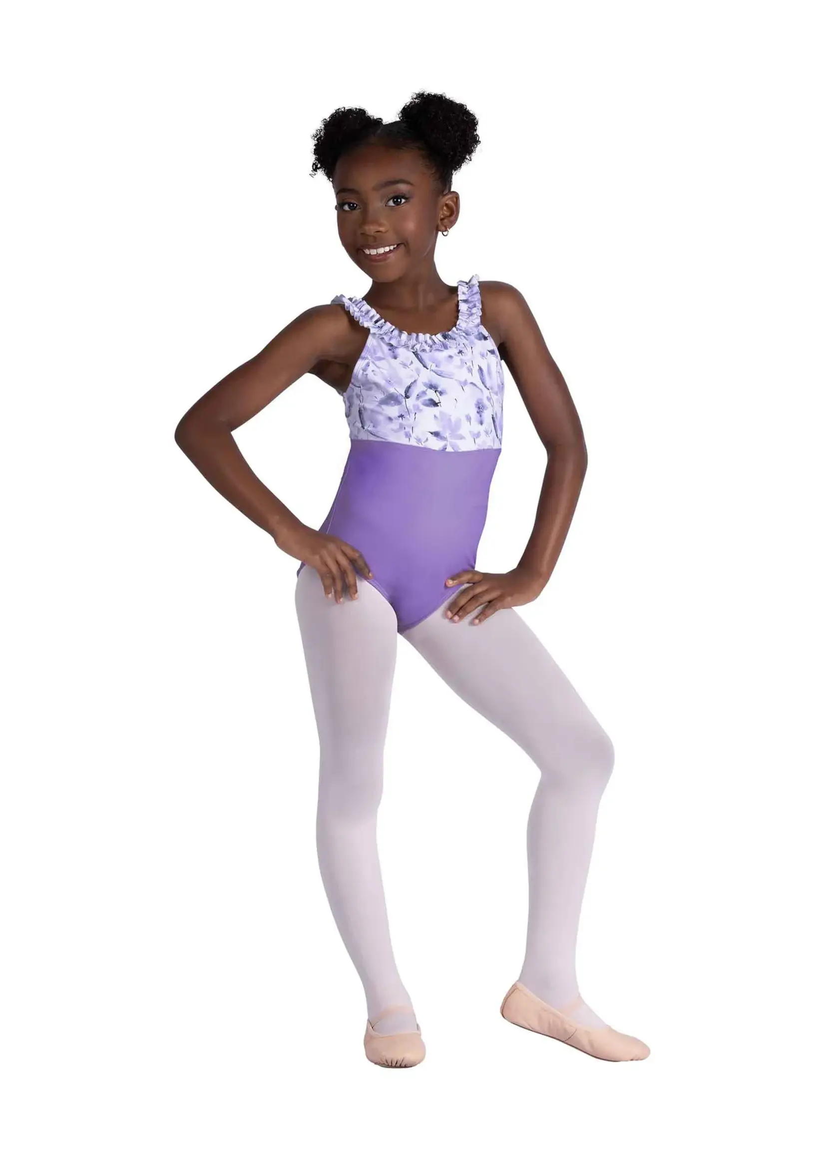 DANSHUZ 26109C DAHLIA FLORAL EMPIRE RUFFLE TRIMMED CAMISOLE LEOTARD WITH ADJUSTABLE STRAPS