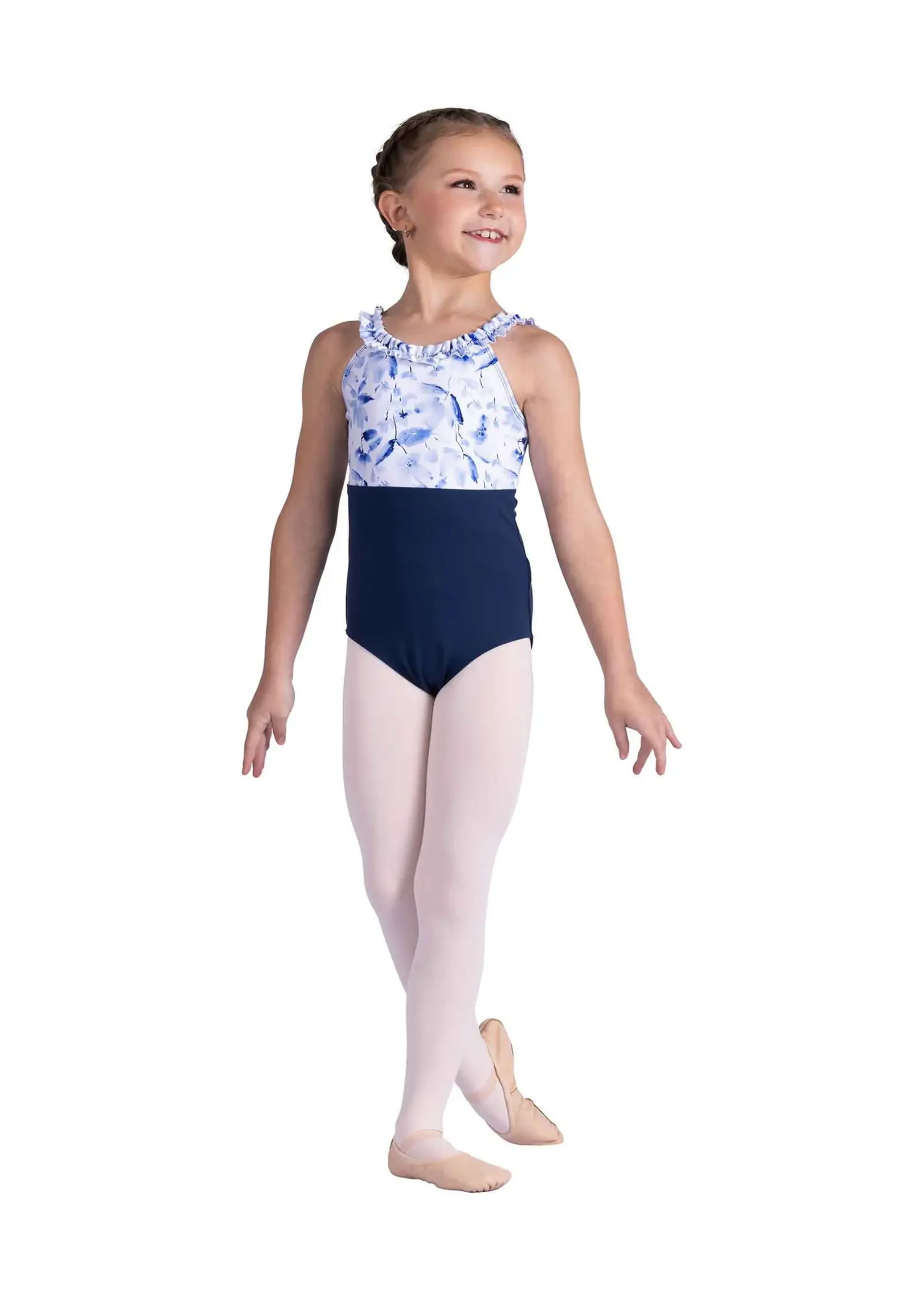 DANSHUZ 26109C DAHLIA FLORAL EMPIRE RUFFLE TRIMMED CAMISOLE LEOTARD WITH ADJUSTABLE STRAPS