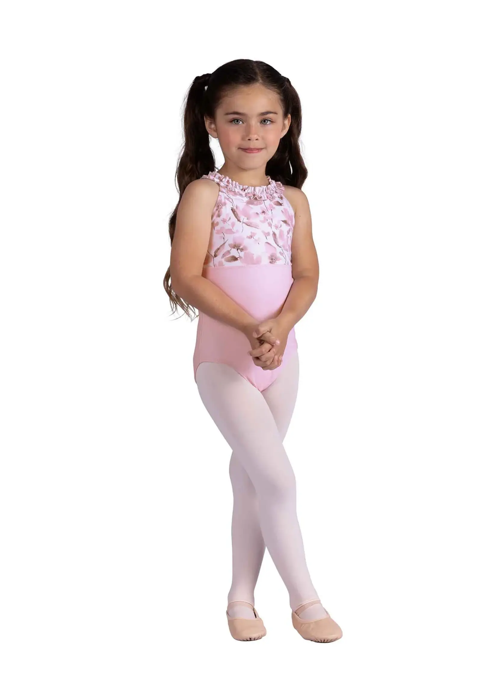 DANSHUZ 26109C DAHLIA FLORAL EMPIRE RUFFLE TRIMMED CAMISOLE LEOTARD WITH ADJUSTABLE STRAPS