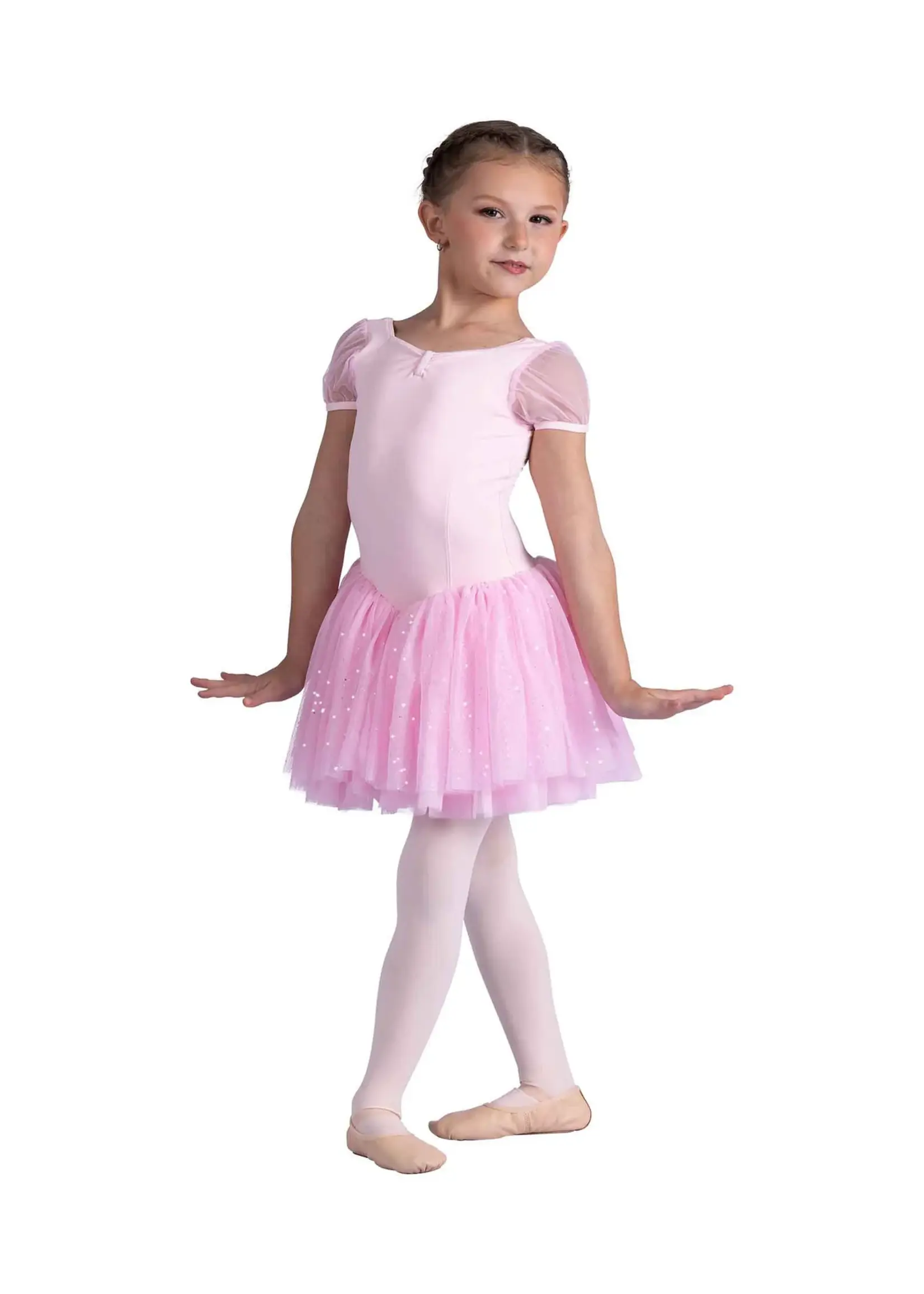 DANSHUZ 26204C CELESTINE PUFF SLEEVE, PINCHED TAB FRONT, V WAISTED SPARKLE MESH TUTU DRESS