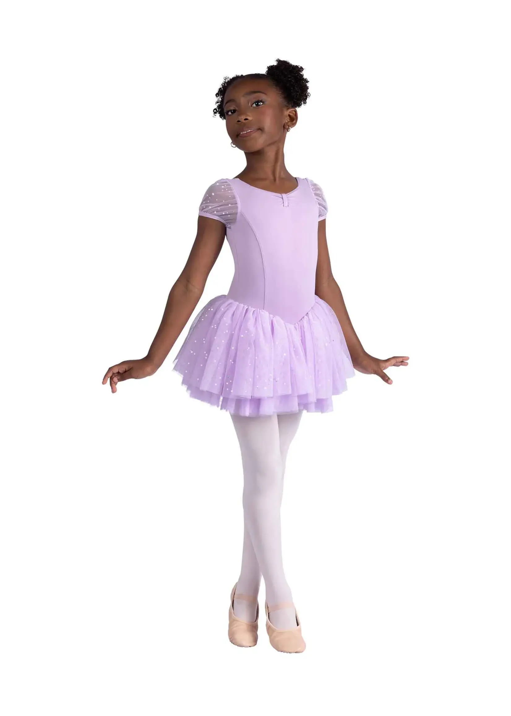 DANSHUZ 26204C CELESTINE PUFF SLEEVE, PINCHED TAB FRONT, V WAISTED SPARKLE MESH TUTU DRESS
