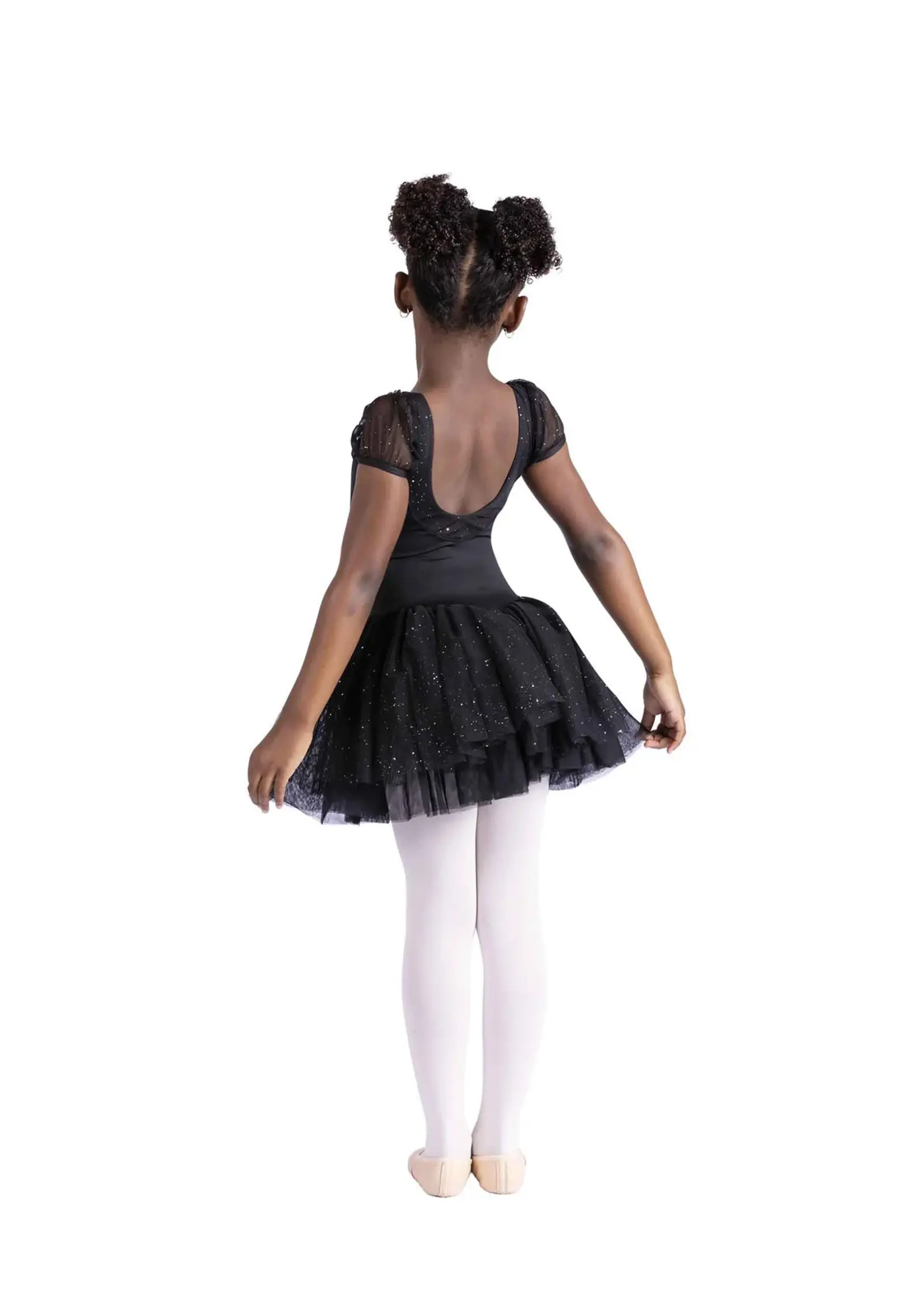 DANSHUZ 26204C CELESTINE PUFF SLEEVE, PINCHED TAB FRONT, V WAISTED SPARKLE MESH TUTU DRESS