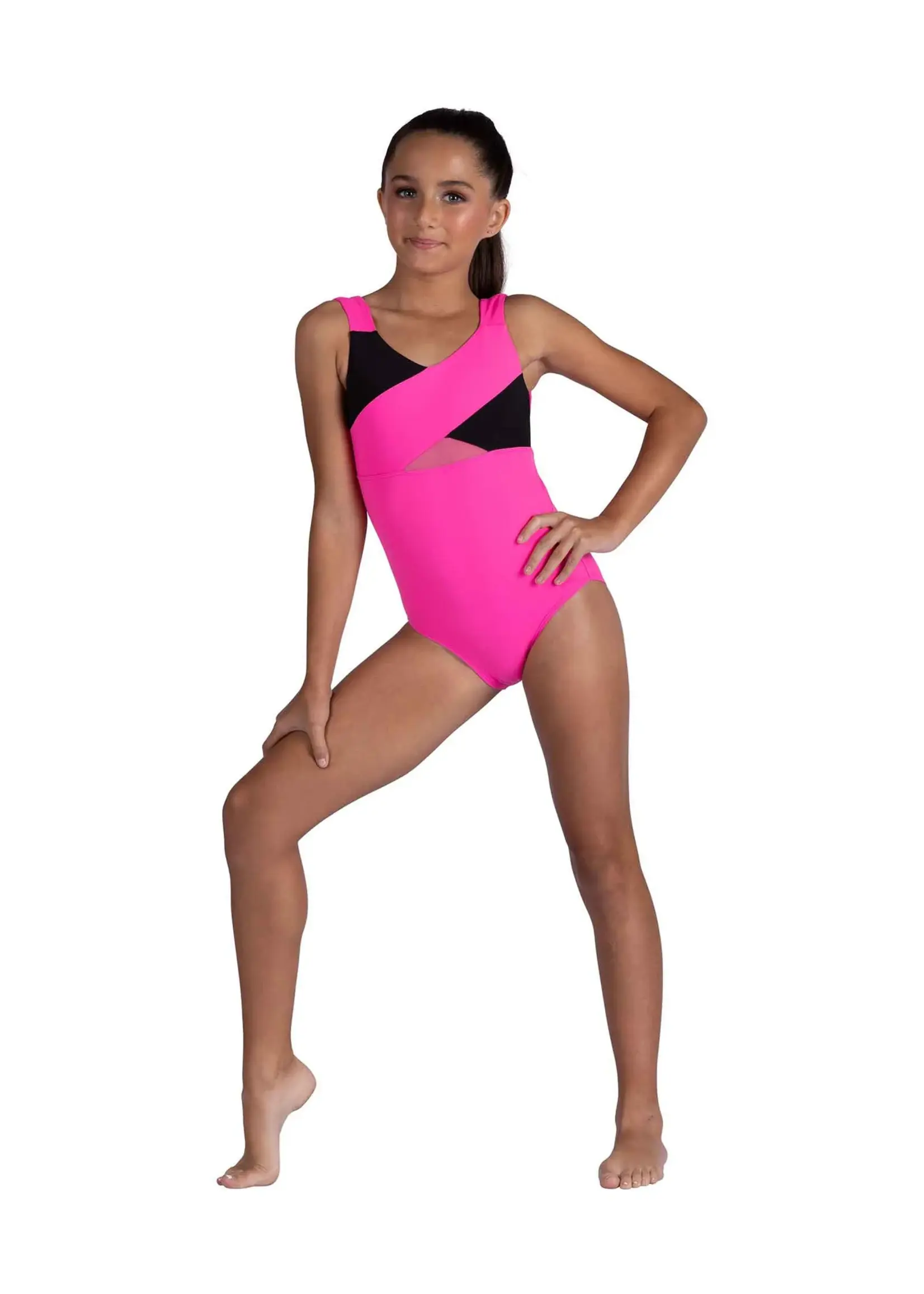 DANSHUZ 26110C REMI COLOR BLOCKED CROSSOVER FRONT MESH INSERT TANK LEOTARD