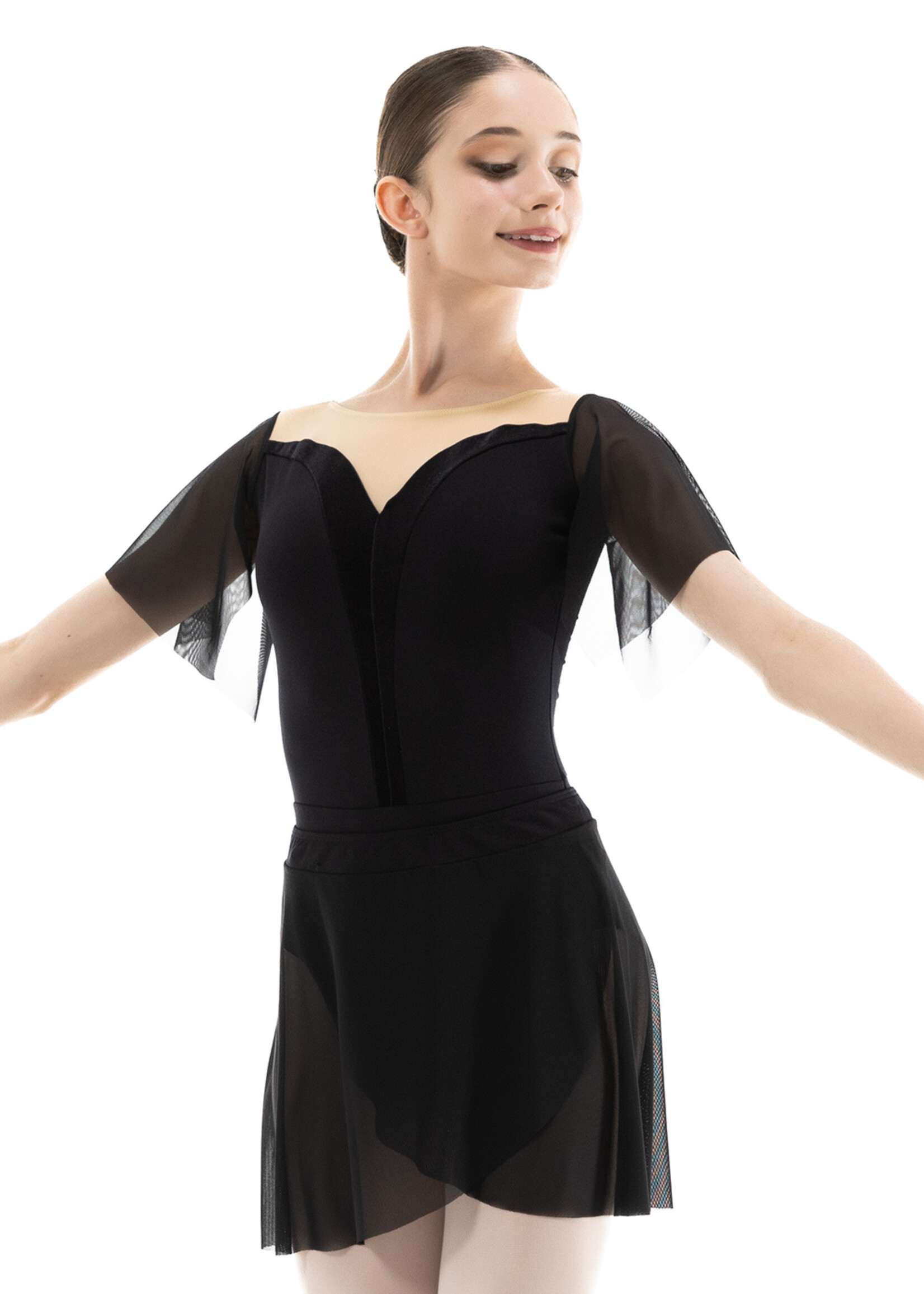 NIKOLAY DA5009 TROYA VELVET TRIMMED FLUTTER MESH SLEEVE LEOTARD
