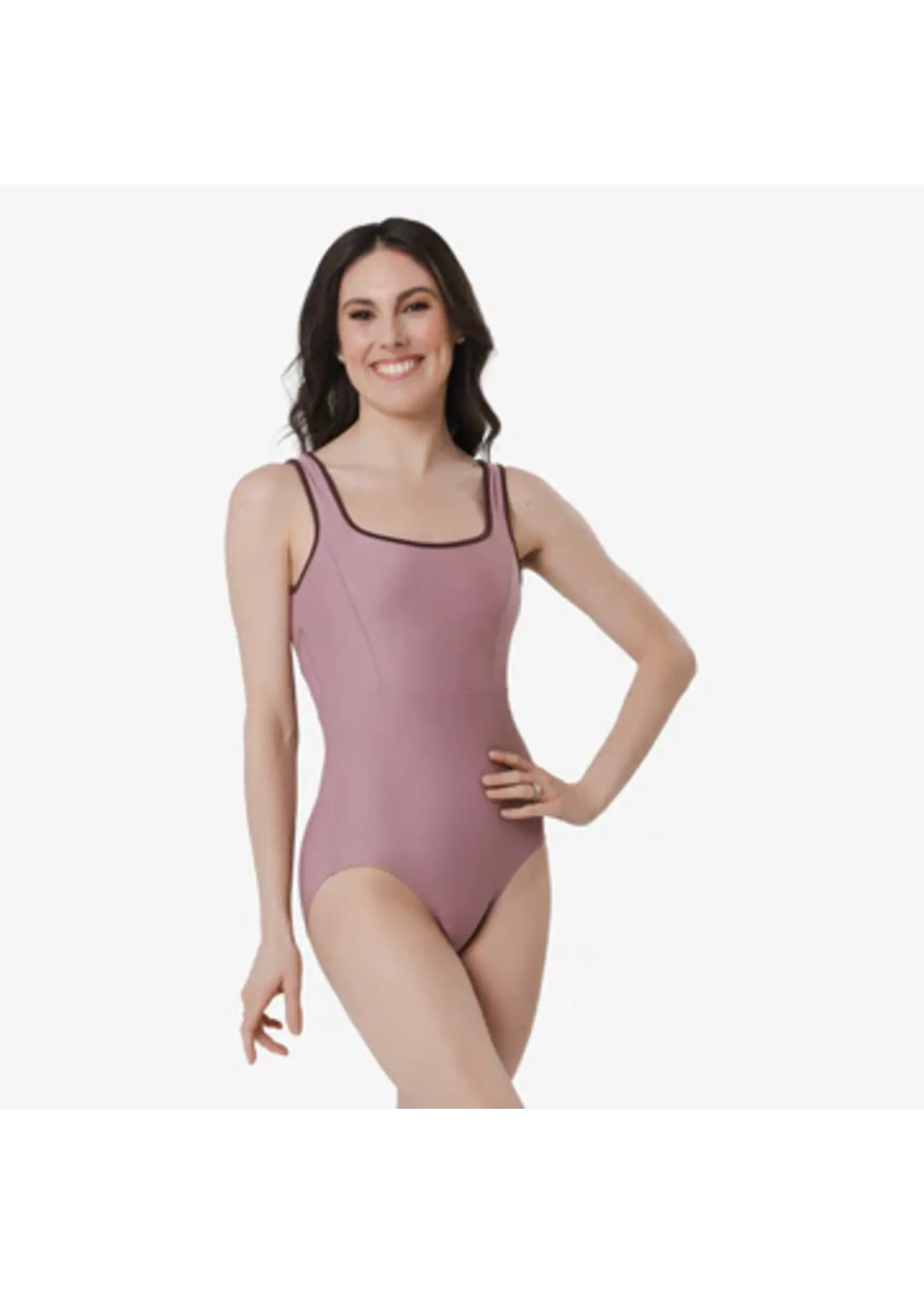 SO DANCA BY71 SQUARE CUT EMPIRE 2 TONE PIPED TRIM MESH INSERT TANK LEOTARD