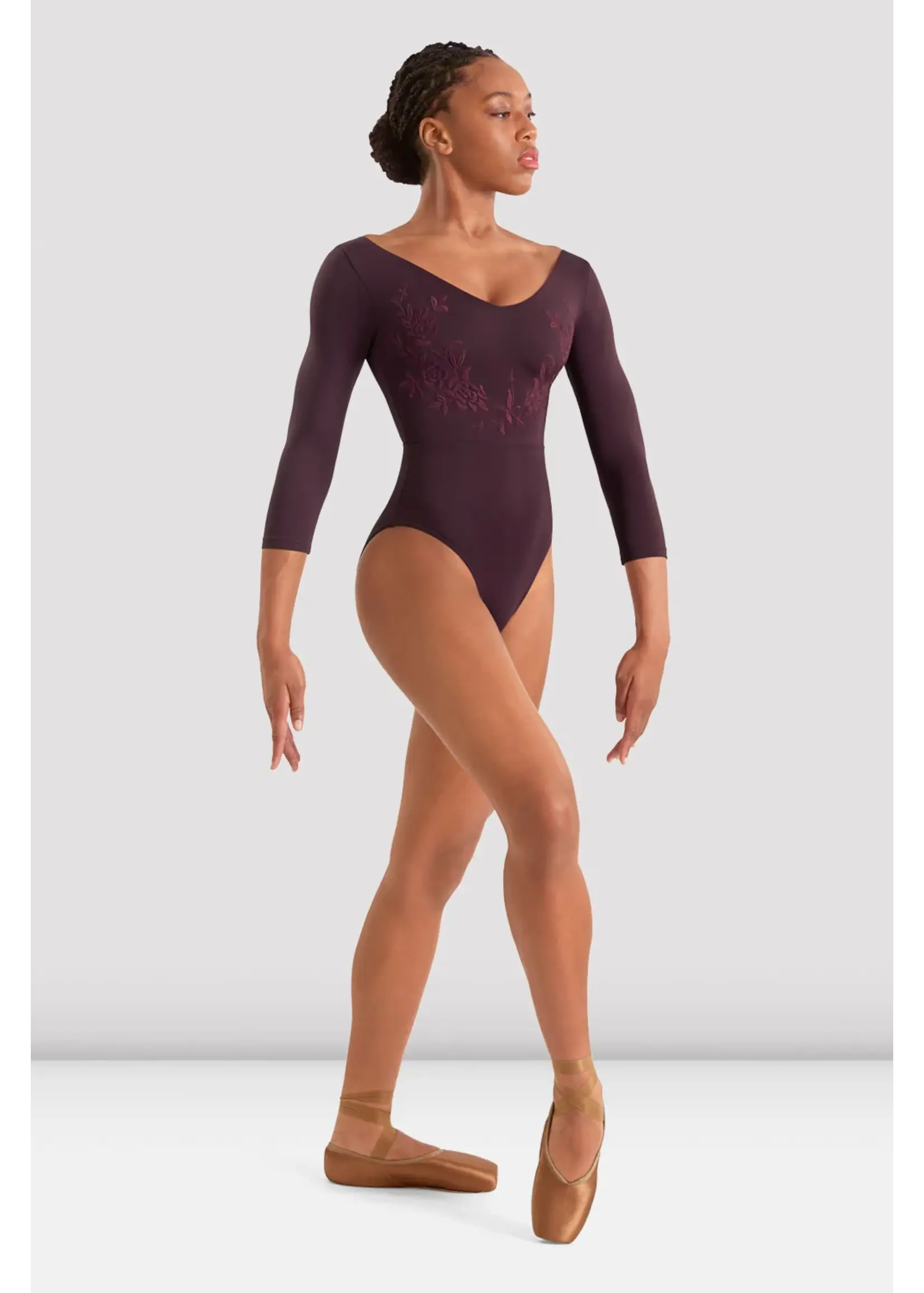 BLOCH & MIRELLA M60003LM ADULT V NECKLINE EMBROIDERED 3/4 SLEEVE LEOTARD