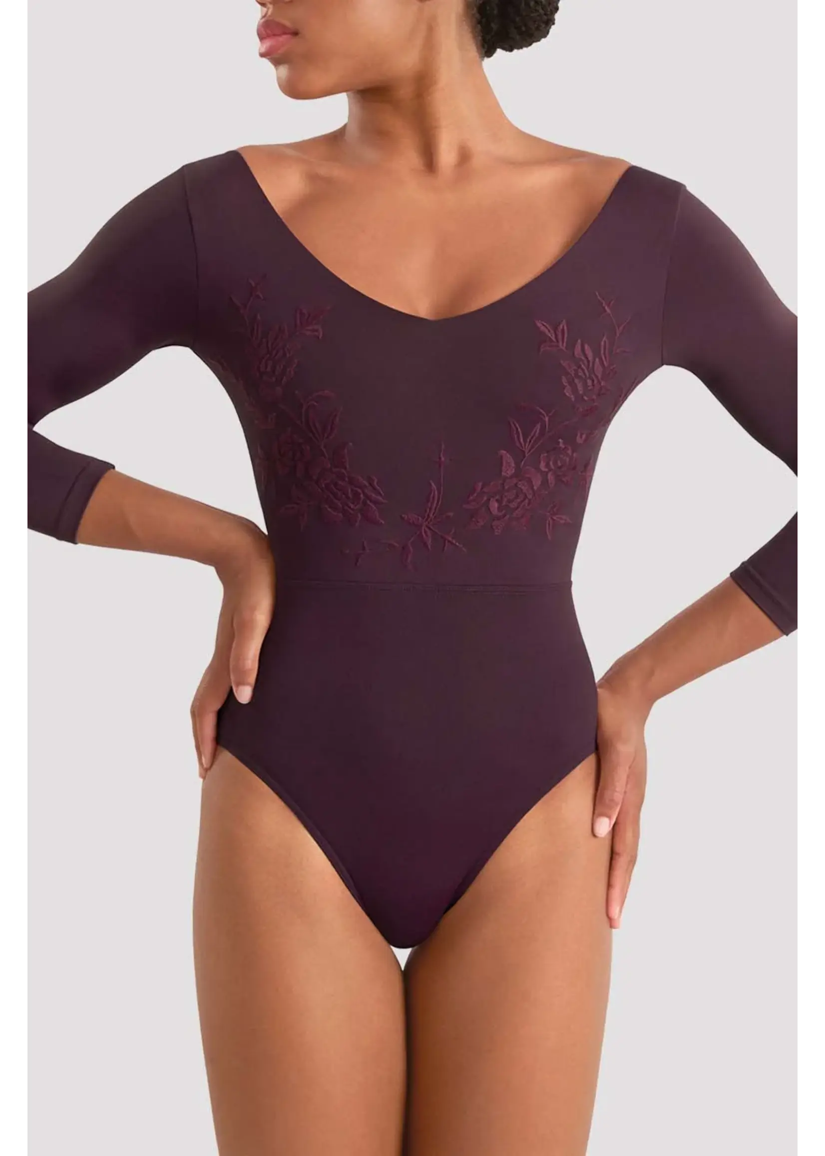 BLOCH & MIRELLA M60003LM ADULT V NECKLINE EMBROIDERED 3/4 SLEEVE LEOTARD