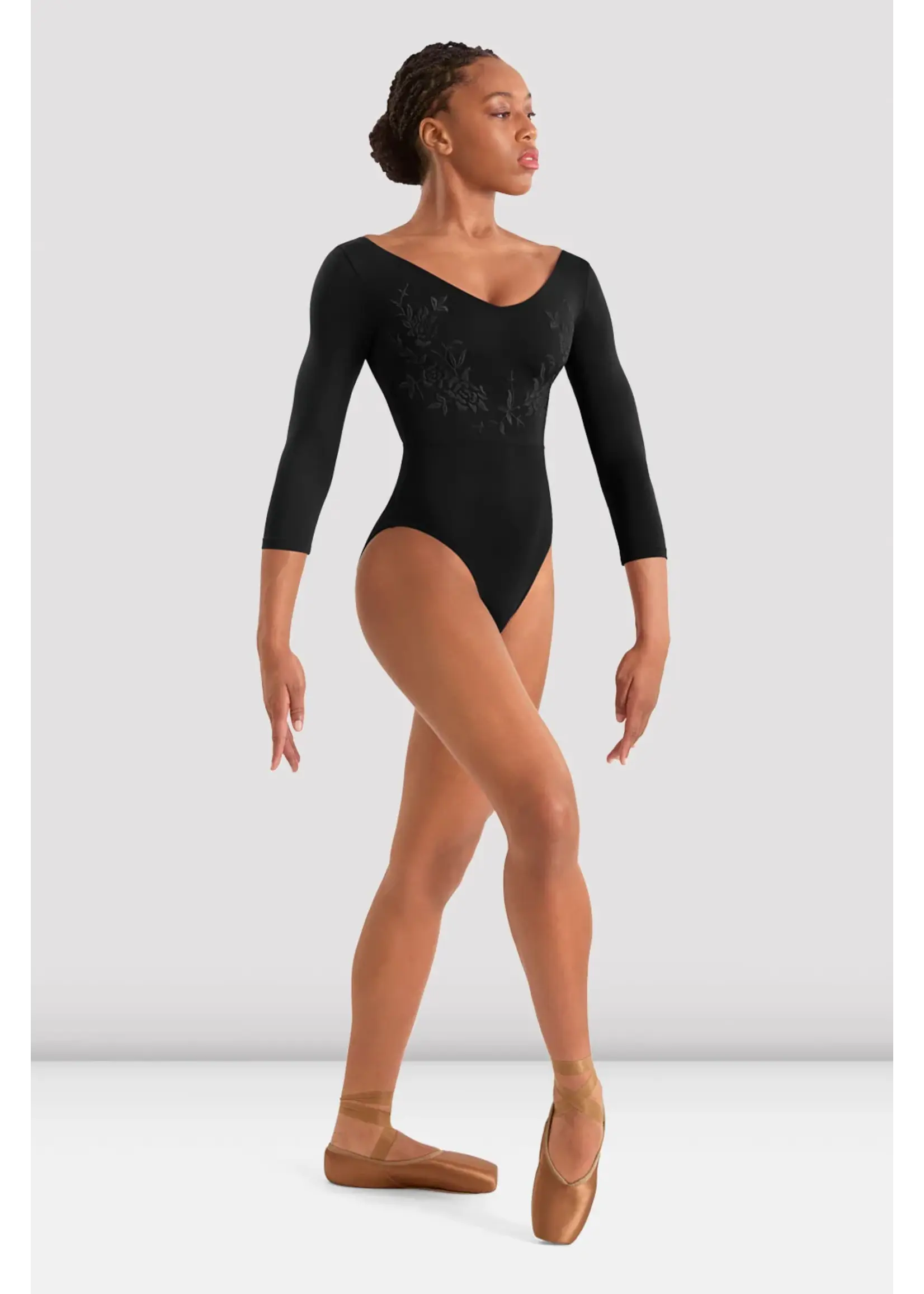 BLOCH & MIRELLA M60003LM ADULT V NECKLINE EMBROIDERED 3/4 SLEEVE LEOTARD