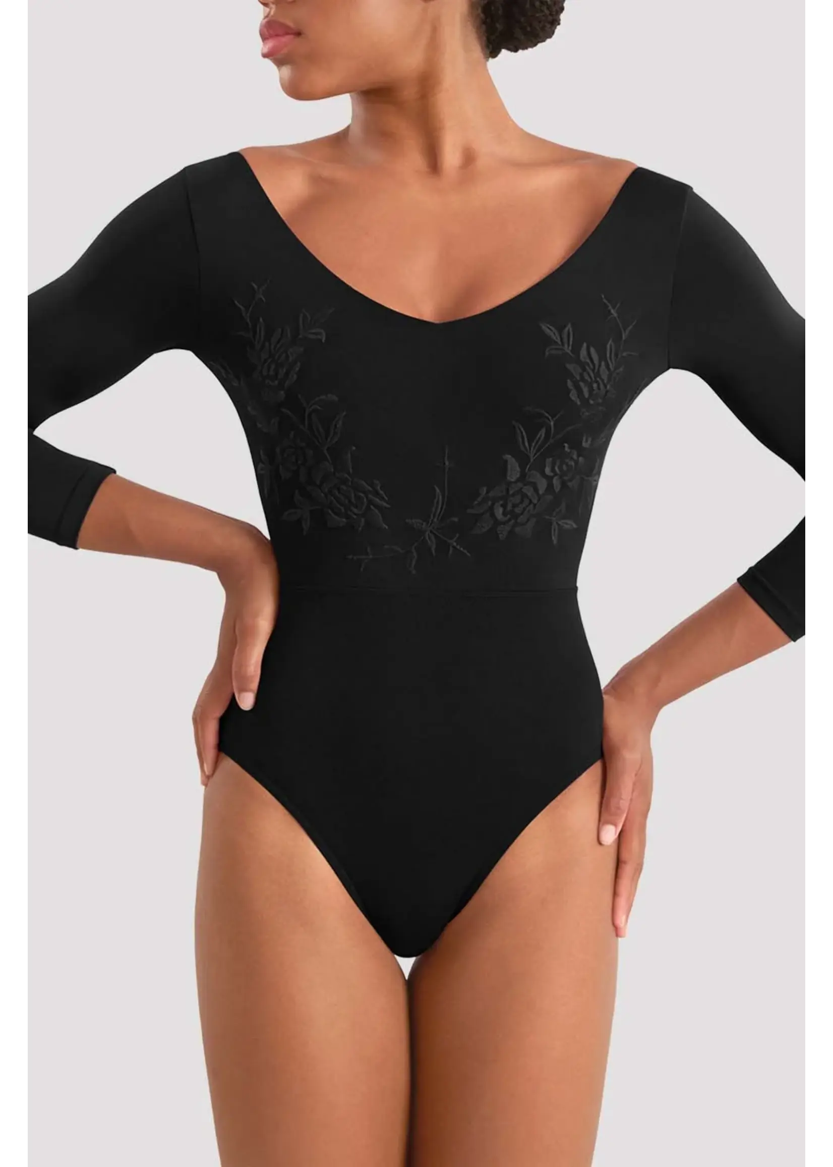 BLOCH & MIRELLA M60003LM ADULT V NECKLINE EMBROIDERED 3/4 SLEEVE LEOTARD
