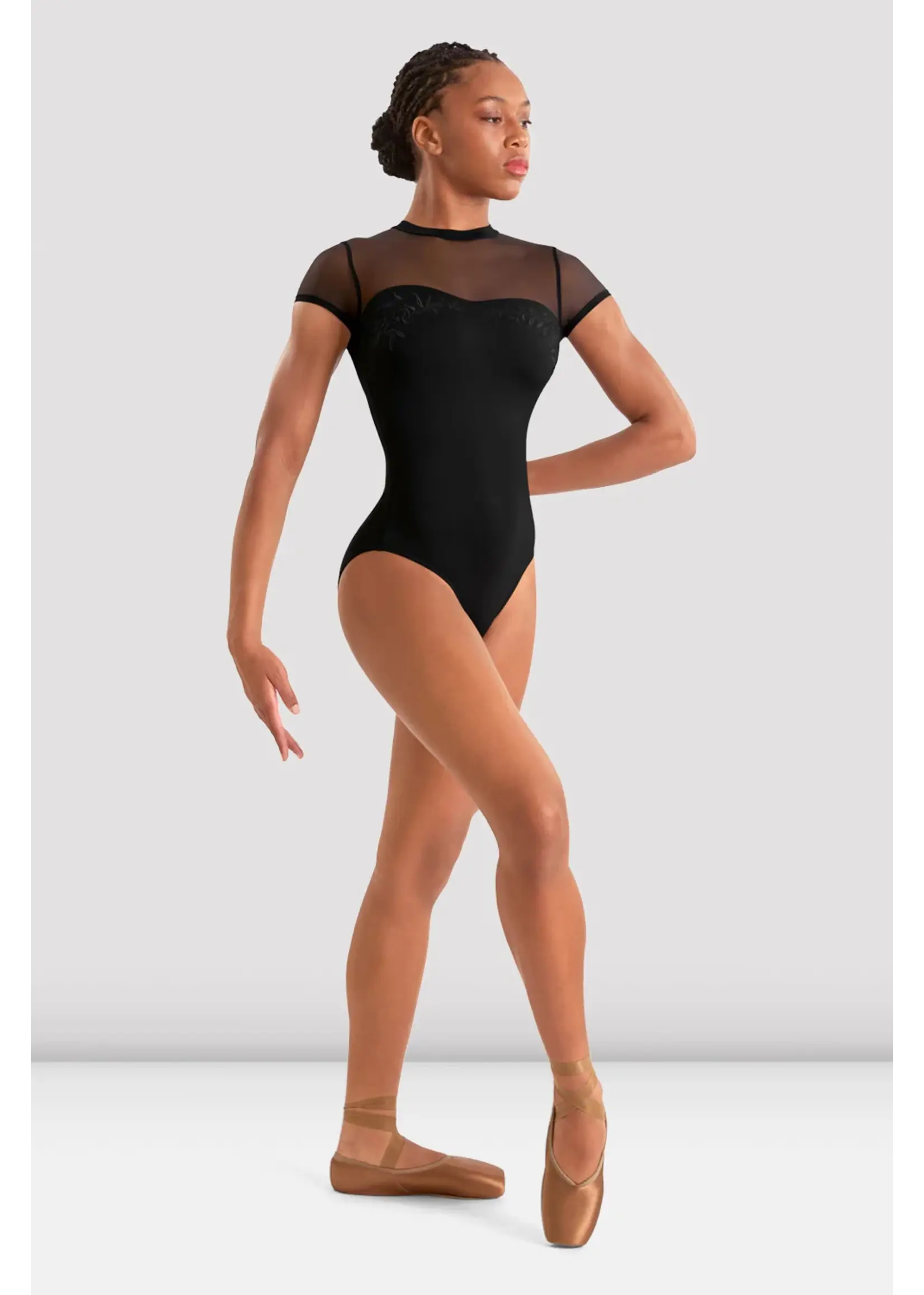 BLOCH & MIRELLA M20011LM ADULT MOCK NECK EMBROIDERED OPEN MESH BACK CAP SLEEVE LEOTARD