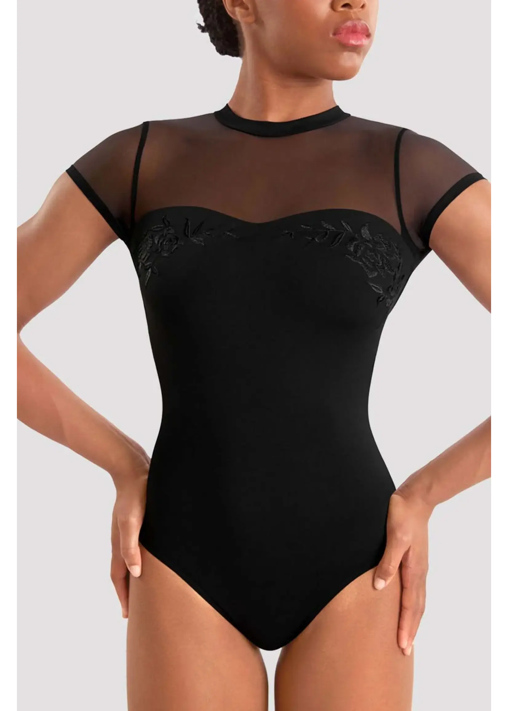BLOCH & MIRELLA M20011LM ADULT MOCK NECK EMBROIDERED OPEN MESH BACK CAP SLEEVE LEOTARD