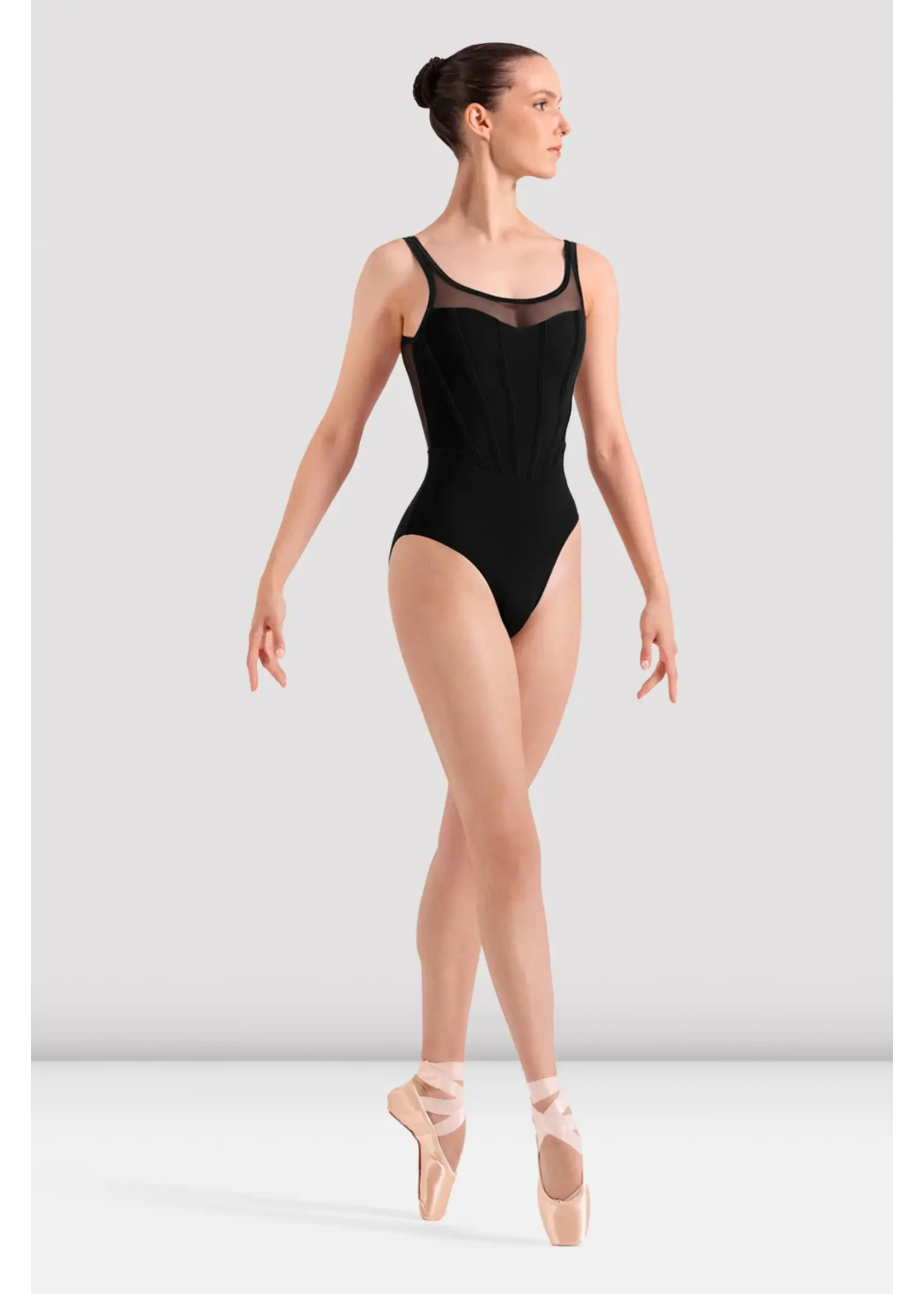 BLOCH & MIRELLA L50013B EVELYN DOUBLE SCOOP MESH TANK LEOTARD WITH VELVET DETAIL