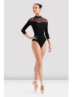 BLOCH & MIRELLA L60004 SOFIA MOCK NECKLINE FLORAL FLOCK 3/4 SLEEVE LEOTARD WITH VELVET DETAIL