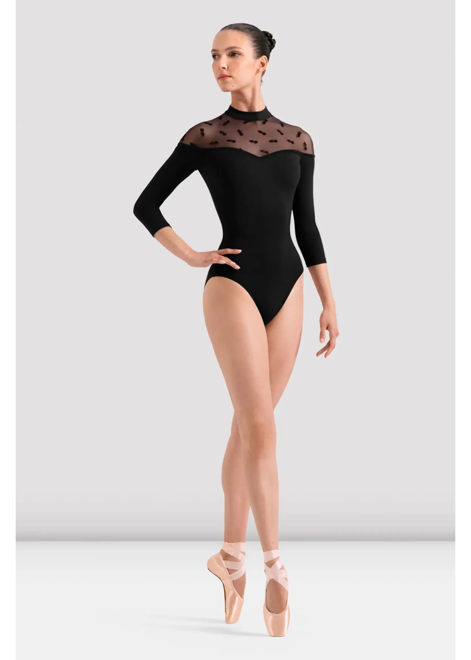 BLOCH & MIRELLA L60004 SOFIA MOCK NECKLINE FLORAL FLOCK 3/4 SLEEVE LEOTARD WITH VELVET DETAIL