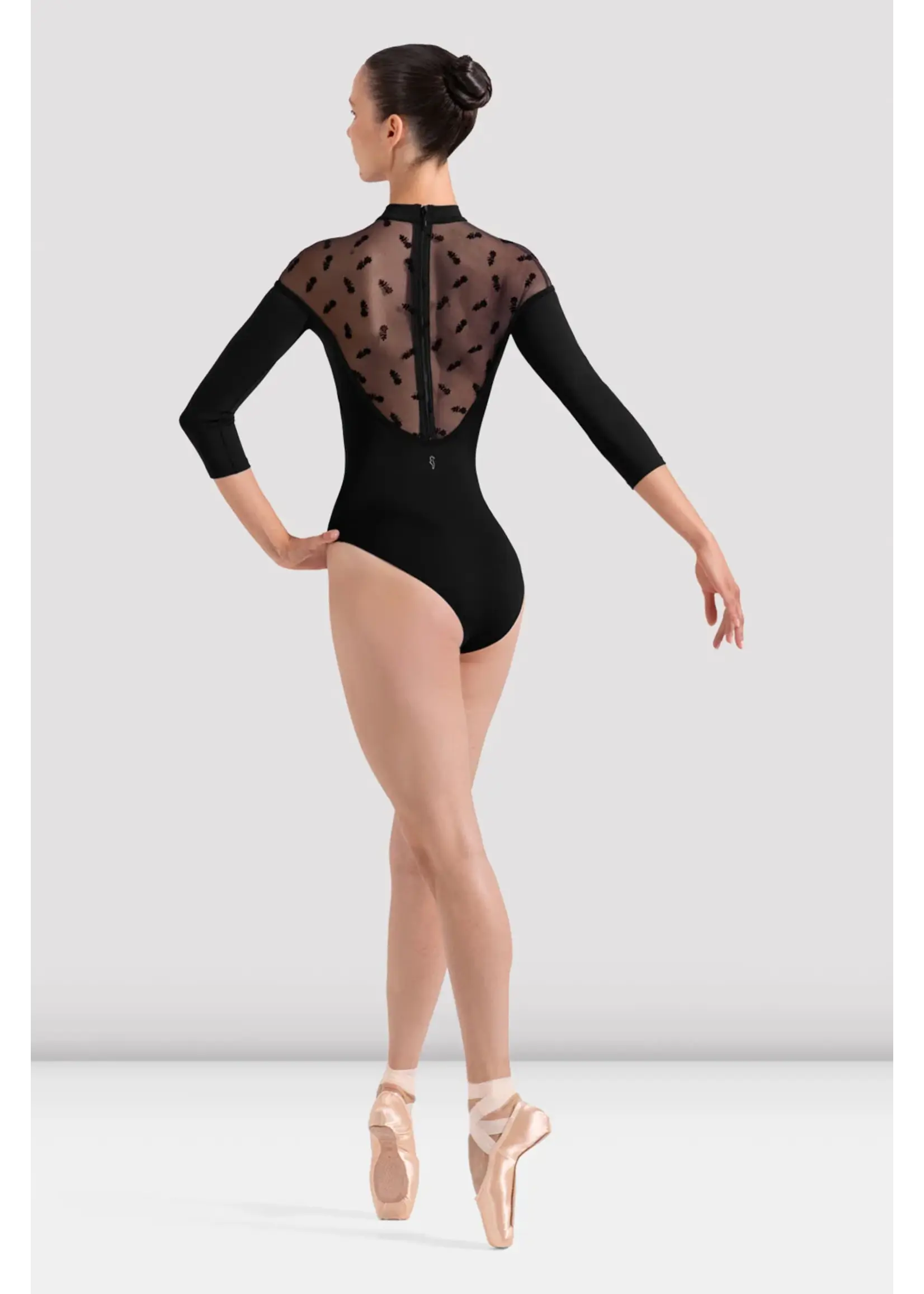 BLOCH & MIRELLA L60004 SOFIA MOCK NECKLINE FLORAL FLOCK 3/4 SLEEVE LEOTARD WITH VELVET DETAIL