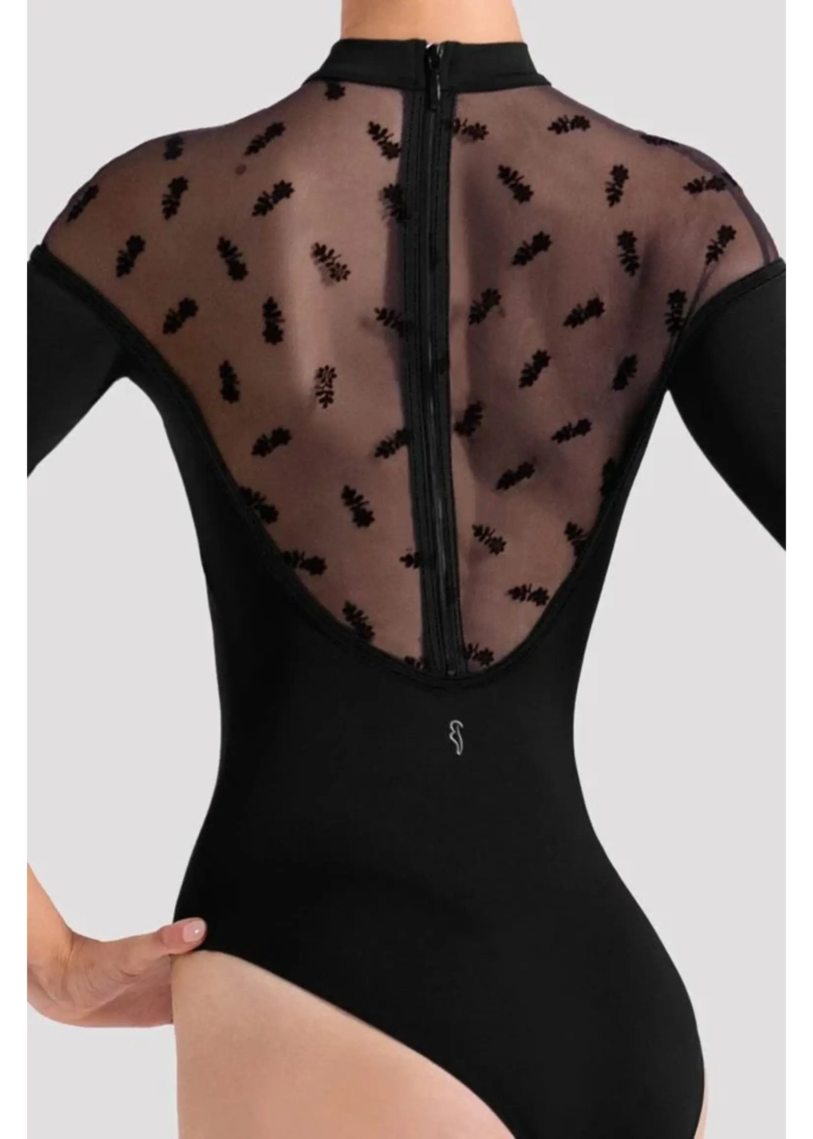 BLOCH & MIRELLA L60004 SOFIA MOCK NECKLINE FLORAL FLOCK 3/4 SLEEVE LEOTARD WITH VELVET DETAIL