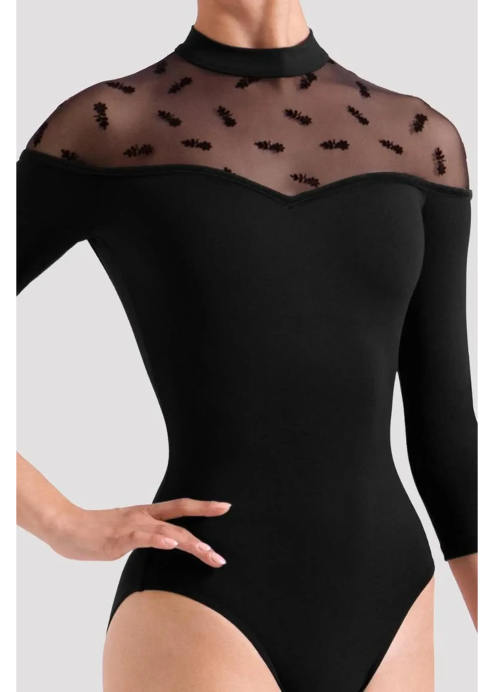 BLOCH & MIRELLA L60004 SOFIA MOCK NECKLINE FLORAL FLOCK 3/4 SLEEVE LEOTARD WITH VELVET DETAIL