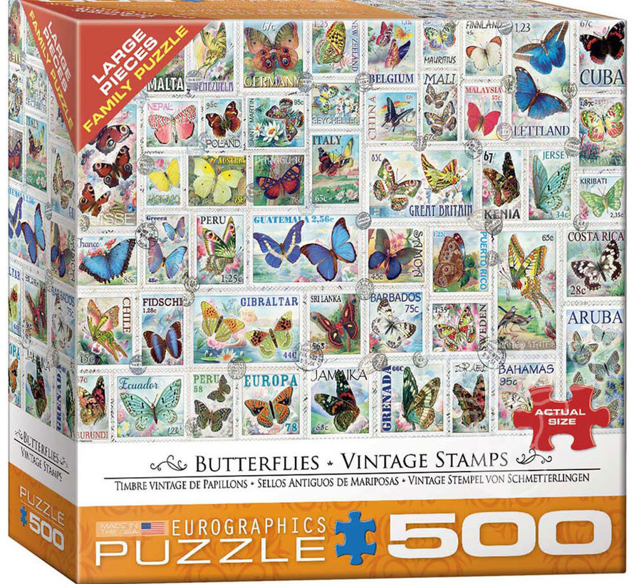 Eurographics Behr: Butterflies Vintge Stamps Large Pieces Family Puzzle 500pcs