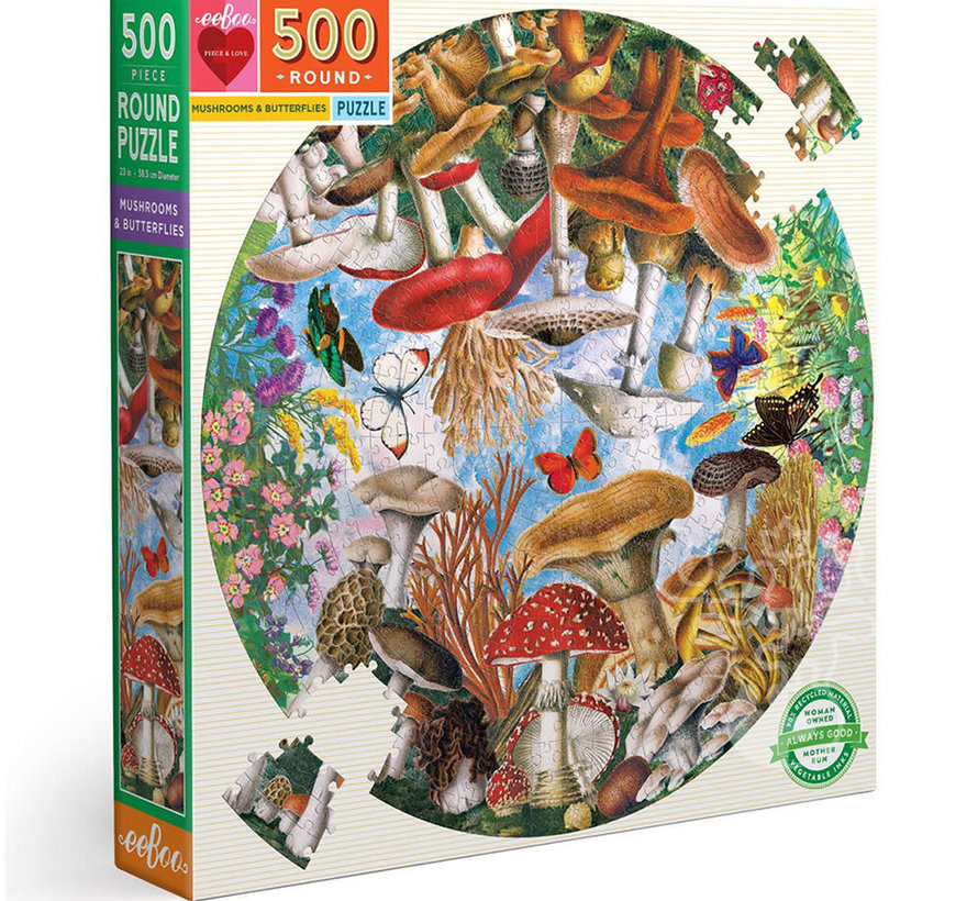 FINAL SALE eeBoo Mushrooms and Butterflies Round Puzzle 500pcs