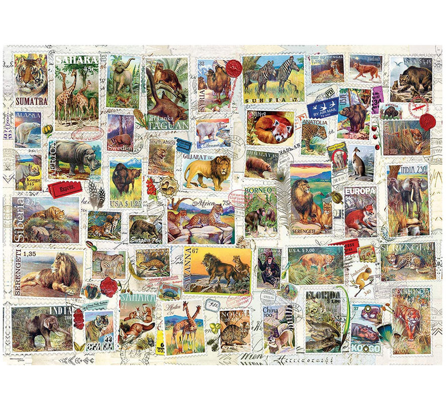 FINAL SALE Eurographics Wildlife Vintage Stamps Large Pieces Family Puzzle 500pcs