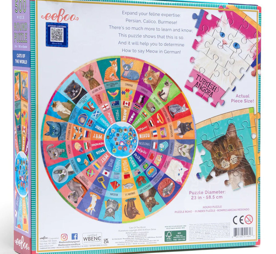 eeBoo Cats of the World Round Puzzle 500pcs