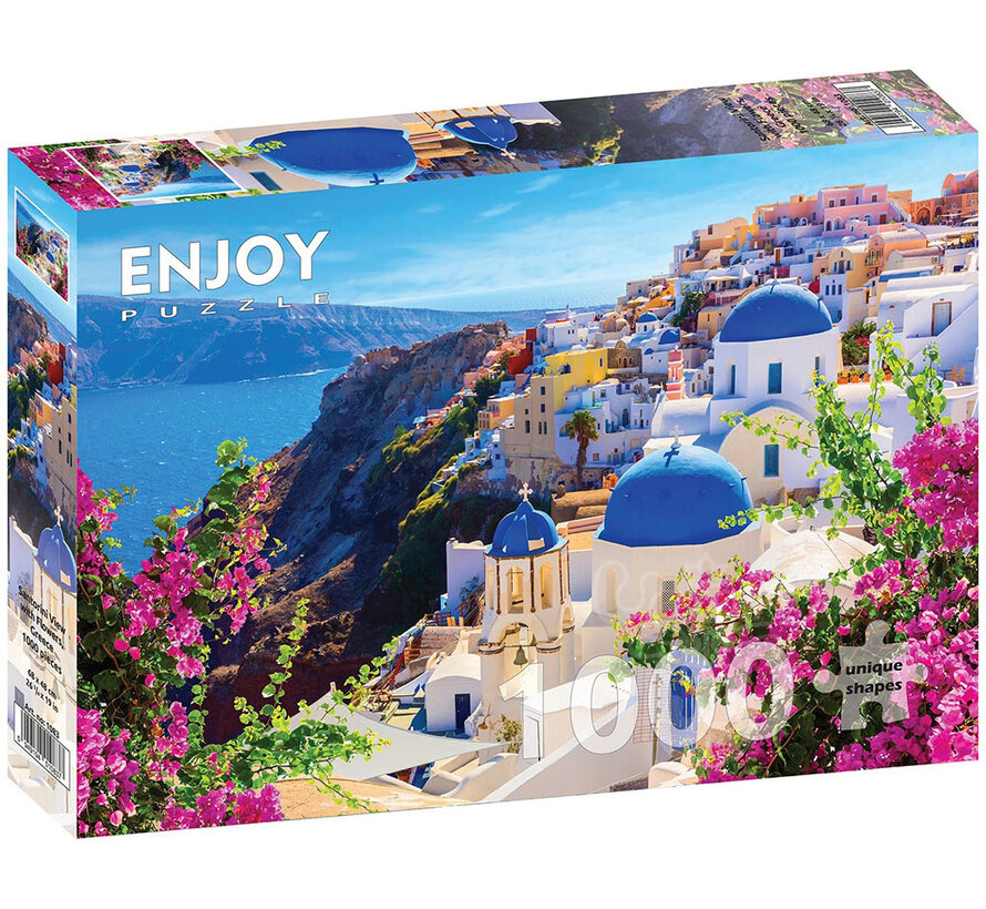 Enjoy Santorini View with Flowers, Greece Puzzle 1000pcs