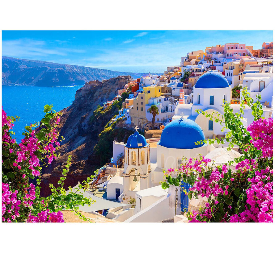 Enjoy Santorini View with Flowers, Greece Puzzle 1000pcs