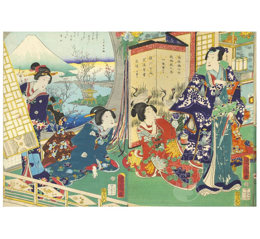 Grafika Utagawa Kunichika - Prince Genji Visiting a Residence Overlooking Mount Fuji Puzzle 1000pcs