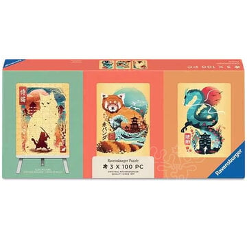 Ravensburger Ravensburger Ukiyo-E Cat, Red Panda & Dragon Mini Puzzle 3 x 100pcs with Easel