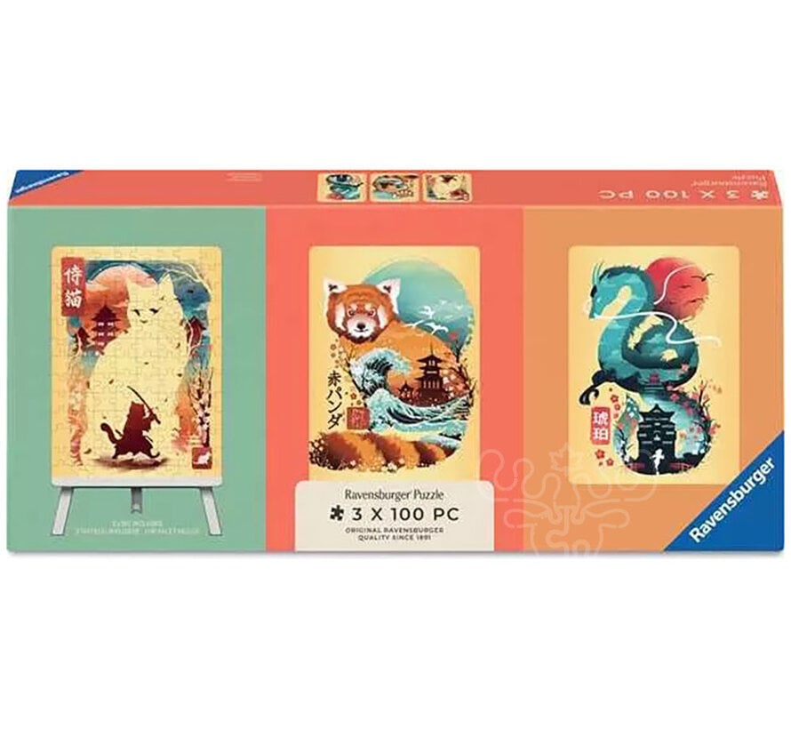 Ravensburger Ukiyo-E Cat, Red Panda & Dragon Mini Puzzle 3 x 100pcs with Easel