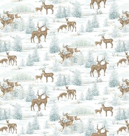Northcott Frosted Woodland Light Blue Deer All Over -Flannel