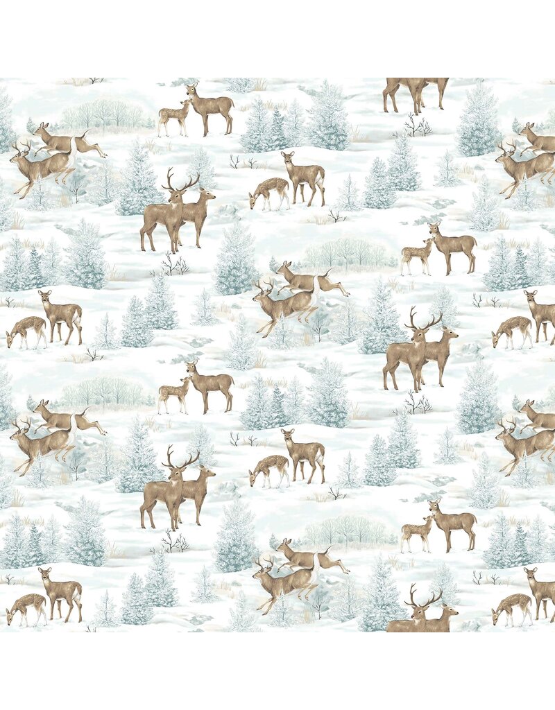 Northcott Frosted Woodland Light Blue Deer All Over -Flannel