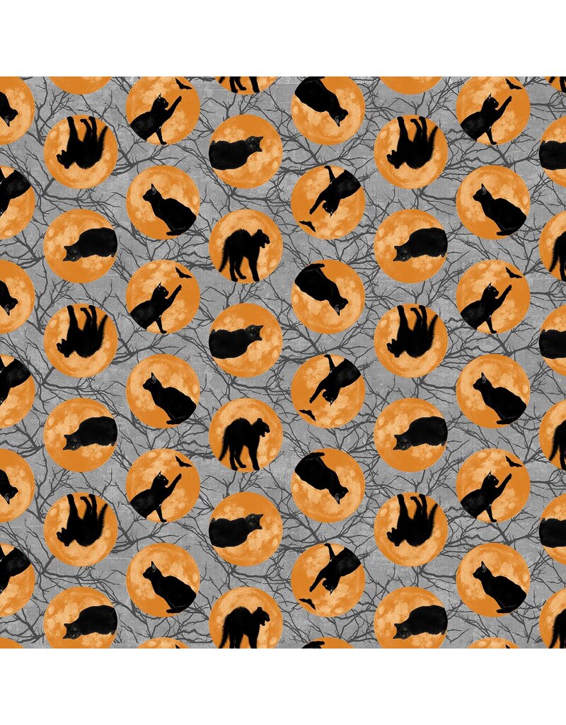 Northcott Black Cat Capers Cats in Moon Gray Multi (1/2m)