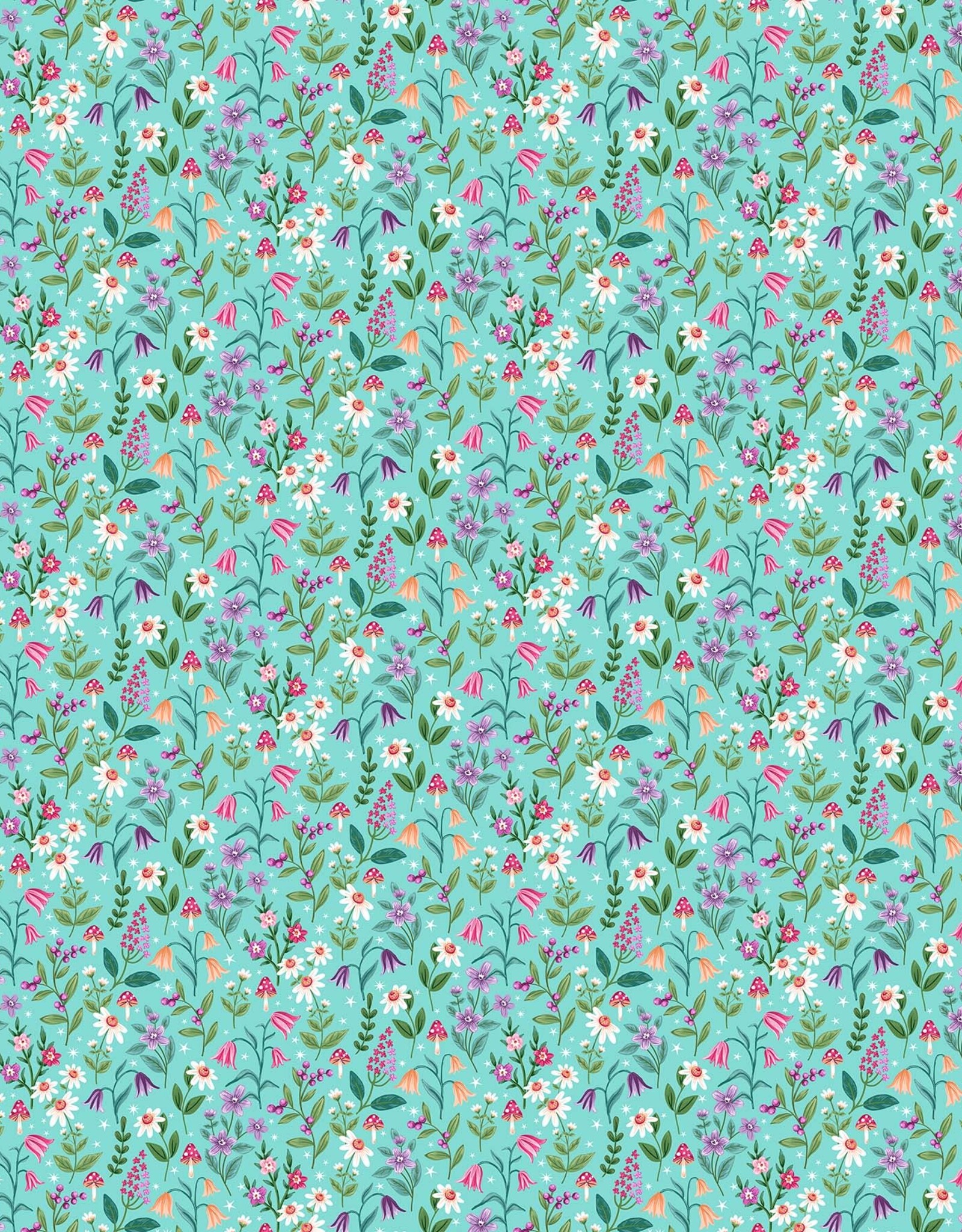 Northcott Unicorn Dreams Packed Flowers Turquoise 26844-64