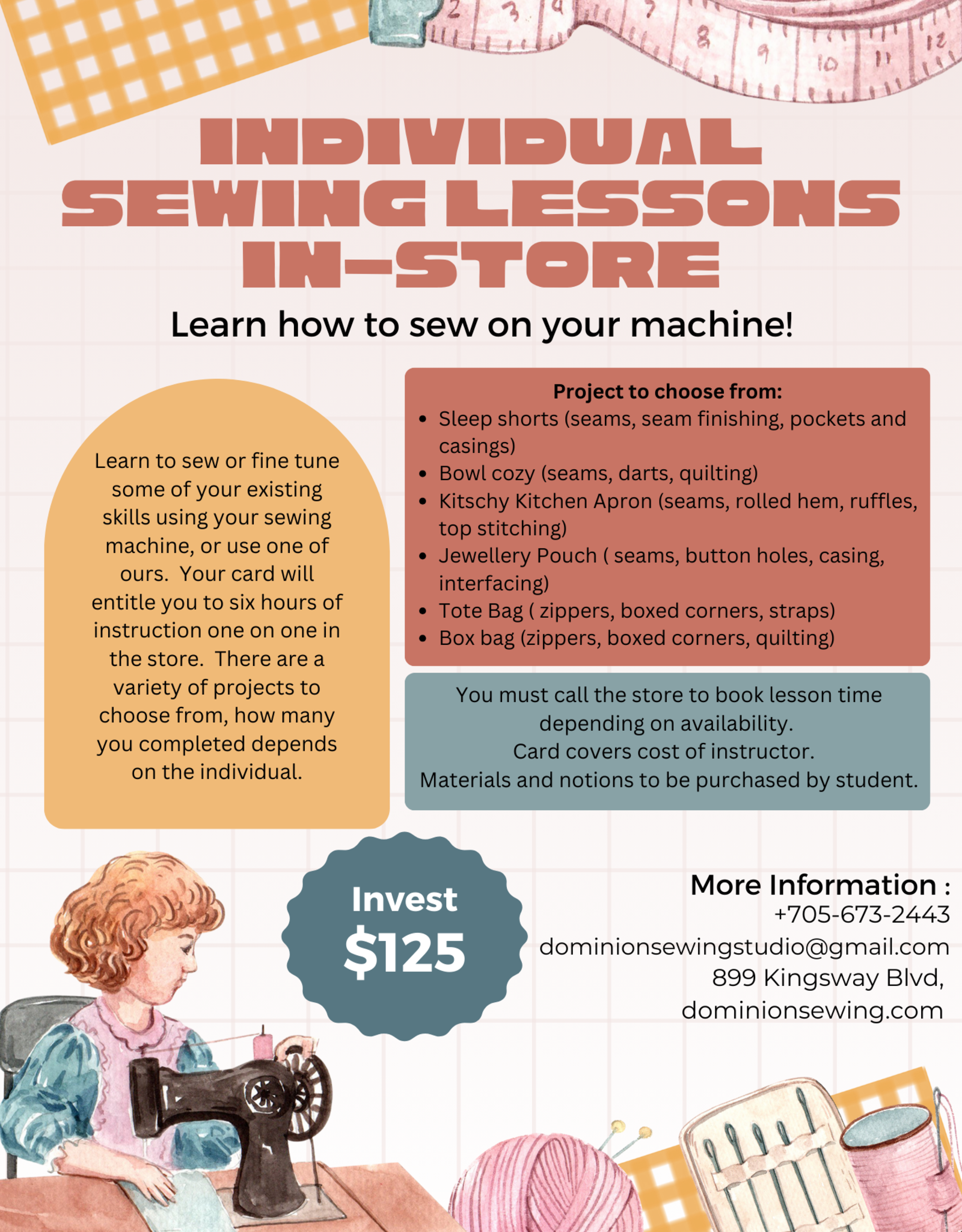 Individual Sewing Lessons in store (6 hours)