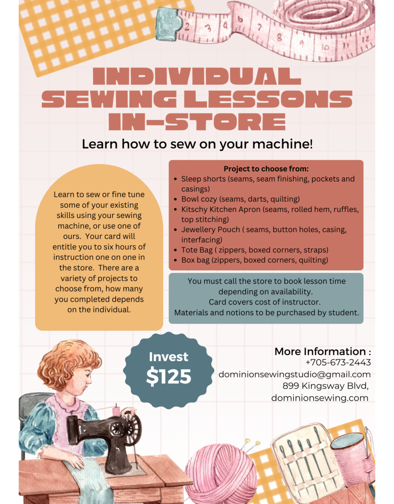 Individual Sewing Lessons in store (6 hours)