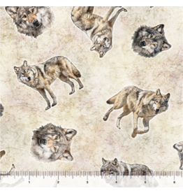 QT Fabrics Running With the Pack - Tossed Wolves Cream