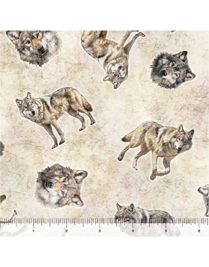 QT Fabrics Running With the Pack - Tossed Wolves Cream