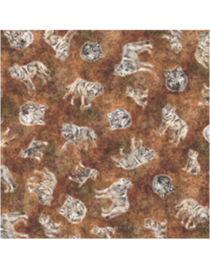 QT Fabrics Running With the Pack - Tossed Wolves Brown