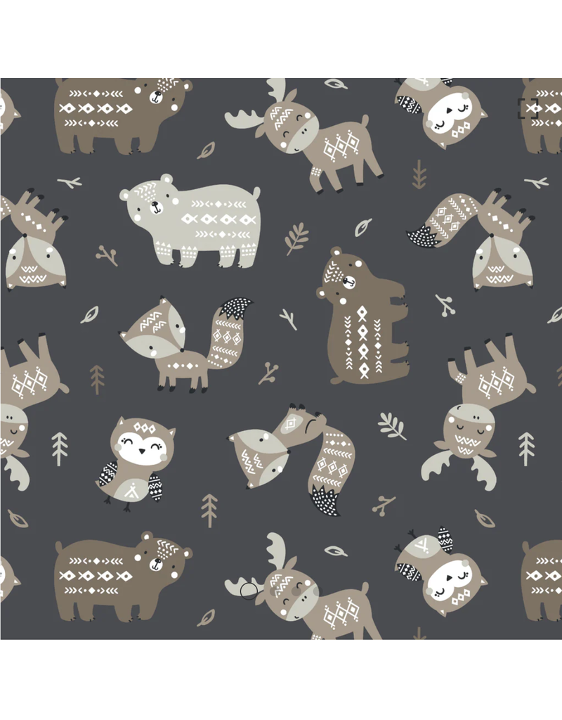 Camelot Fabrics Woodland Wonders-Aztec Woodland Friends-Charcoal
