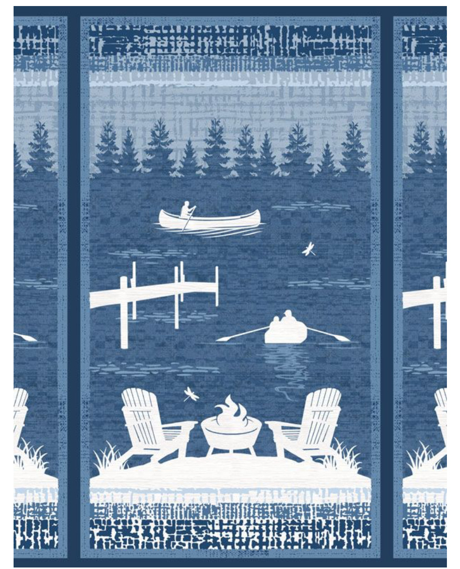 Lake retreat panel with silhouette of canoe shore