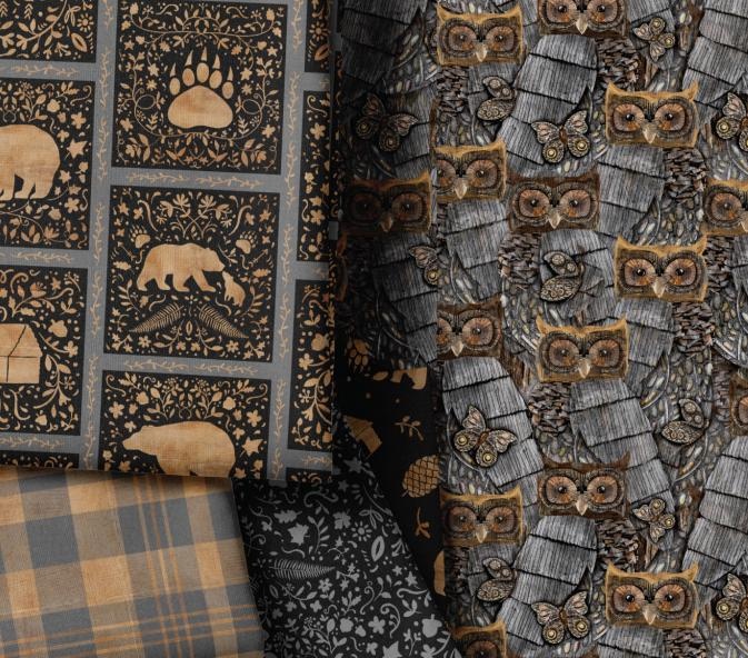 fabrics from the crafted cabin collection laid out