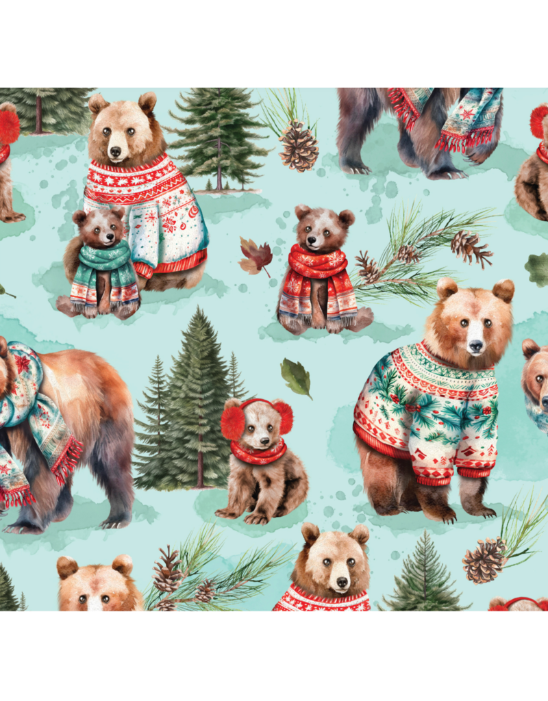 Camelot Fabrics Merry Beary -Solstice Snuggles-Light Aqua