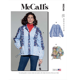 Stylish oversized puffer jacket includes side pockets, elastic cord and stopper at waist, elastic at sleeves, and zipper and snaps closure underneath front band of jacket. View A includes a hood and contrast on sleeves, sides, hood lining, front band, and