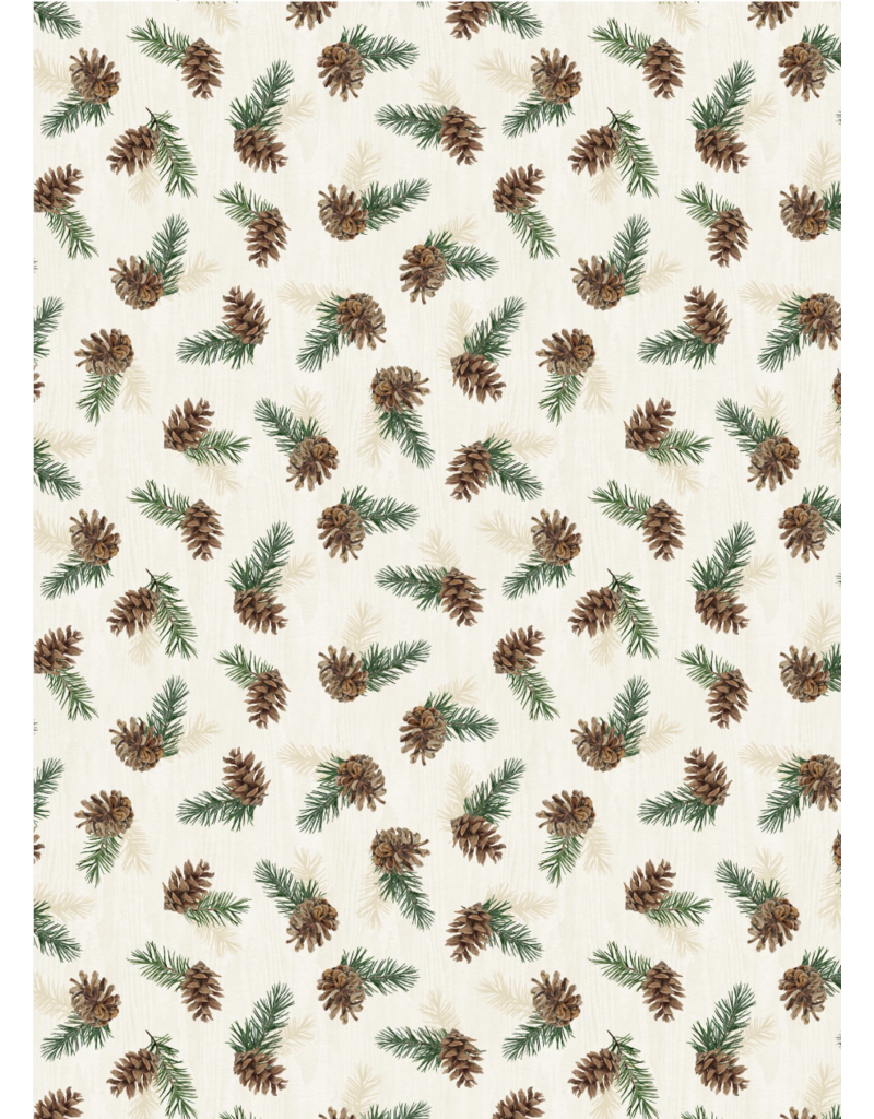 Wilmington Prints Evergreen Escape - Tossed Pinecones - Cream