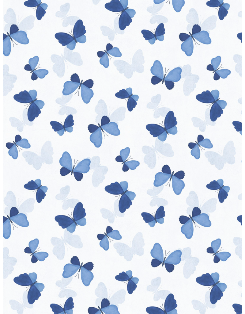 Wilmington Prints Blissful Blues - Tossed Butterflies -White