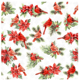 White Owl Textiles Feathered Festivities - Cardinals & Poinsettias-White
