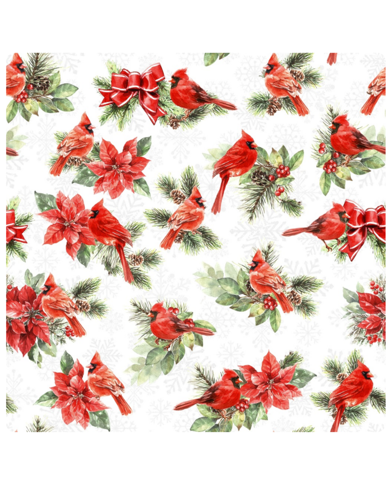 White Owl Textiles Feathered Festivities - Cardinals & Poinsettias-White